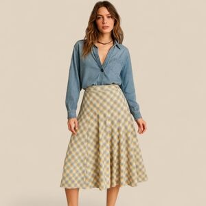 Molly Green Plaid Pleated Midi Skirt Sz L Neutral Fall Preppy Academia Aesthetic